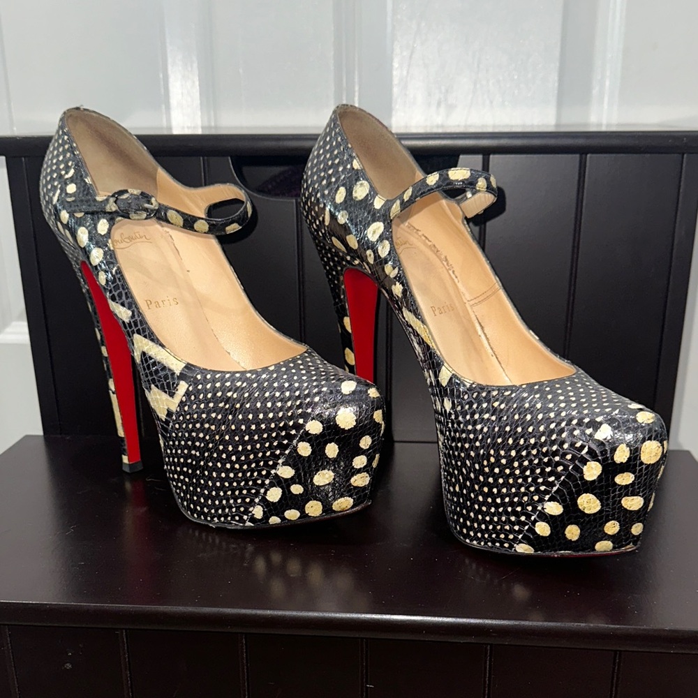 Christian Louboutin Black and Gold Platform Mary-Jane Heels
